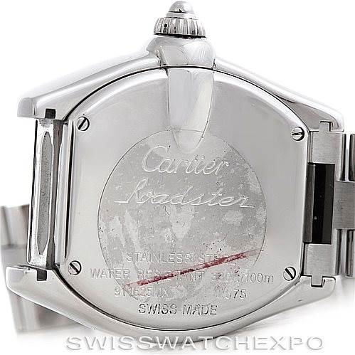 This image shows the back of a Cartier Roadster W62017V3 Women's Stainless Steel Pink Dial W62017V3 Women's Stainless Steel Pink Dial watch, featuring the case back and part of the bracelet.
