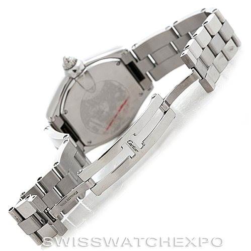 The image shows the back view and bracelet of a Cartier Roadster W62017V3 Women's Stainless Steel Pink Dial W62017V3 Women's Stainless Steel Pink Dial watch with its clasp open.