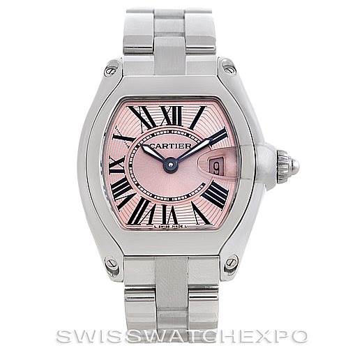 The image shows a frontal view of the Cartier Roadster W62017V3 Women's Stainless Steel Pink Dial W62017V3 Women's Stainless Steel Pink Dial watch, highlighting its pink dial, date display, and stainless steel bracelet.