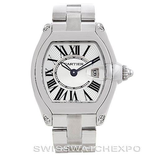 This image shows a Cartier Roadster W62016V3 Women's Stainless Steel Silver Dial W62016V3 Women's Stainless Steel Silver Dial watch from a front angle, highlighting the face, crown, and part of the bracelet.