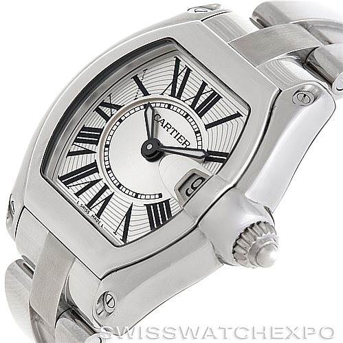 The angle shows the face, bezel, crown, and part of the band of the Cartier Roadster W62016V3 Women's Stainless Steel Silver Dial W62016V3 Women's Stainless Steel Silver Dial watch.
