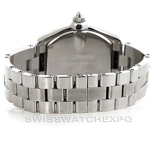 This image shows the back view of a Cartier Roadster W62016V3 Women's Stainless Steel Silver Dial W62016V3 Women's Stainless Steel Silver Dial watch, focusing on its metal bracelet and clasp.