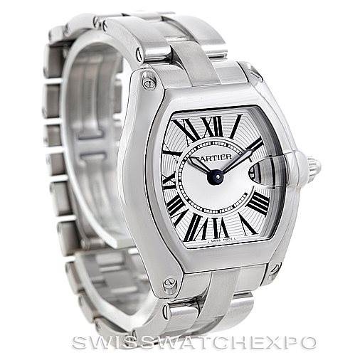 The image shows a Cartier Roadster W62016V3 Women's Stainless Steel Silver Dial W62016V3 Women's Stainless Steel Silver Dial watch at a three-quarter angle, displaying the face, bezel, crown, and partially the bracelet.