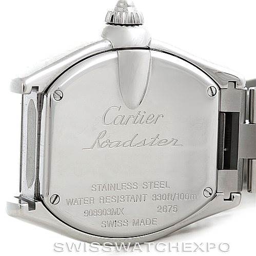 The image shows the back case of a Cartier Roadster W62016V3 Women's Stainless Steel Silver Dial W62016V3 Women's Stainless Steel Silver Dial watch, highlighting its stainless steel build and water resistance details.