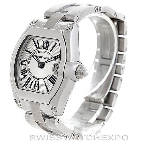 This image displays a side angle of the Cartier Roadster W62016V3 Women's Stainless Steel Silver Dial W62016V3 Women's Stainless Steel Silver Dial watch, highlighting the face, bezel, crown, and bracelet.