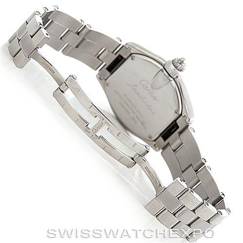 The image shows the back side and clasp of a Cartier Roadster W62017V3 Women's Stainless Steel Pink Dial W62017V3 Women's Stainless Steel Pink Dial watch, highlighting the bracelet and case back.