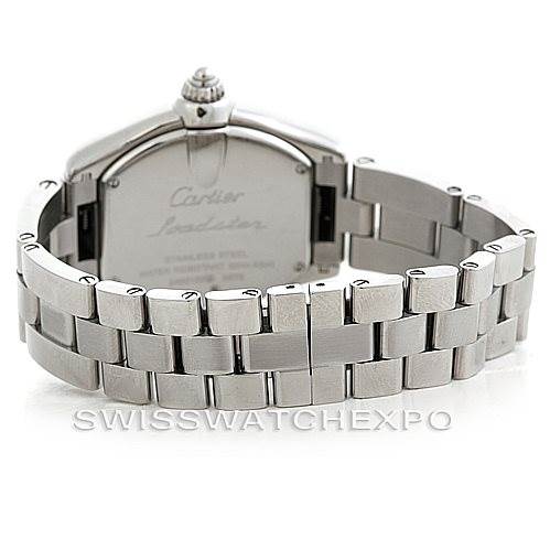 This image shows the back view of a Cartier Roadster W62017V3 Women's Stainless Steel Pink Dial W62017V3 Women's Stainless Steel Pink Dial watch, highlighting the case back and stainless steel bracelet.