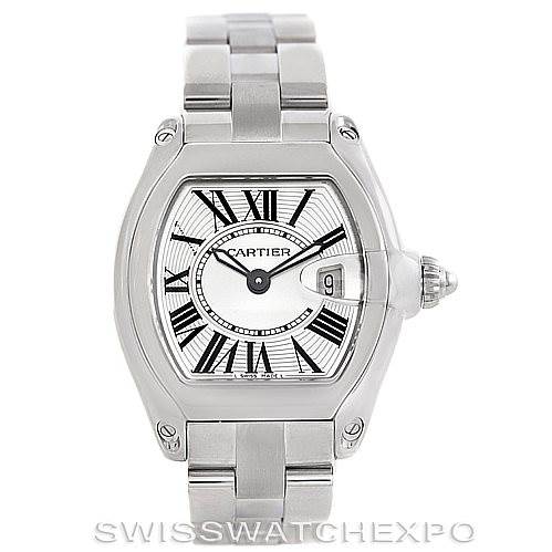 This image shows a frontal view of a Cartier Roadster W62016V3 Women's Stainless Steel Silver Dial W62016V3 Women's Stainless Steel Silver Dial watch, displaying the face, bezel, and bracelet.