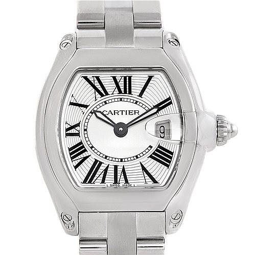 This image shows a Cartier Roadster W62016V3 Women's Stainless Steel Silver Dial W62016V3 Women's Stainless Steel Silver Dial watch from a top-down angle, featuring the dial, Roman numerals, date window, and stainless steel bracelet.