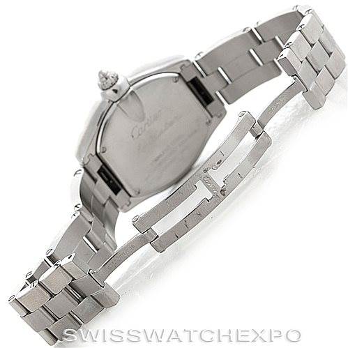 The image shows the back and bracelet of a Cartier Roadster W62016V3 Women's Stainless Steel Silver Dial W62016V3 Women's Stainless Steel Silver Dial watch, focusing on the deployment clasp and case back.