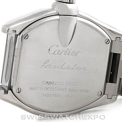 The image shows the back view of a Cartier Roadster W62016V3 Women's Stainless Steel Silver Dial W62016V3 Women's Stainless Steel Silver Dial watch, highlighting the case back and part of the bracelet.