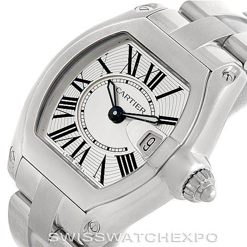 The image shows a close-up angled view of the Cartier Roadster W62016V3 Women's Stainless Steel Silver Dial W62016V3 Women's Stainless Steel Silver Dial watch, focusing on the dial, case, and part of the bracelet.