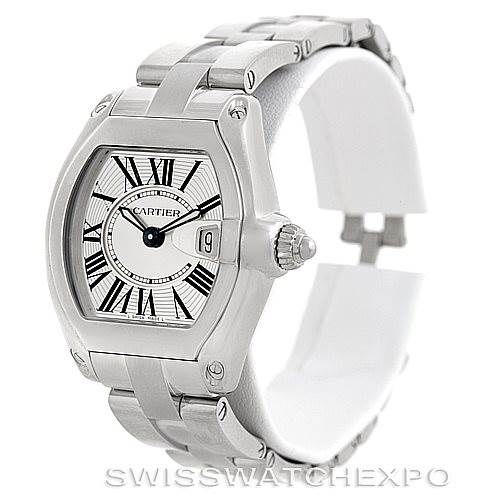 The image shows the Cartier Roadster W62016V3 Women's Stainless Steel Silver Dial W62016V3 Women's Stainless Steel Silver Dial watch from an angled front and side view, displaying the face, bezel, crown, and part of the bracelet.