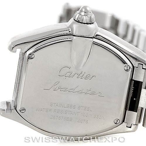This image shows the back case of a Cartier Roadster W62016V3 Women's Stainless Steel Silver Dial W62016V3 Women's Stainless Steel Silver Dial watch, highlighting its stainless steel and water resistance details.