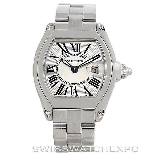 The image shows a front view of a Cartier Roadster W62016V3 Women's Stainless Steel Silver Dial W62016V3 Women's Stainless Steel Silver Dial watch, displaying the face, case, and bracelet.