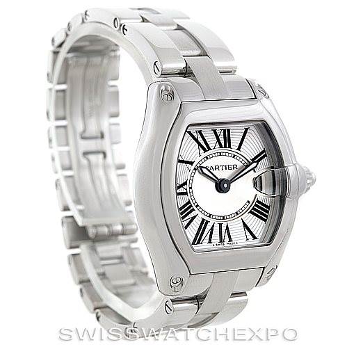 This image shows a Cartier Roadster W62016V3 Women's Stainless Steel Silver Dial W62016V3 Women's Stainless Steel Silver Dial watch from a front angle, highlighting the case, dial, crown, and bracelet.