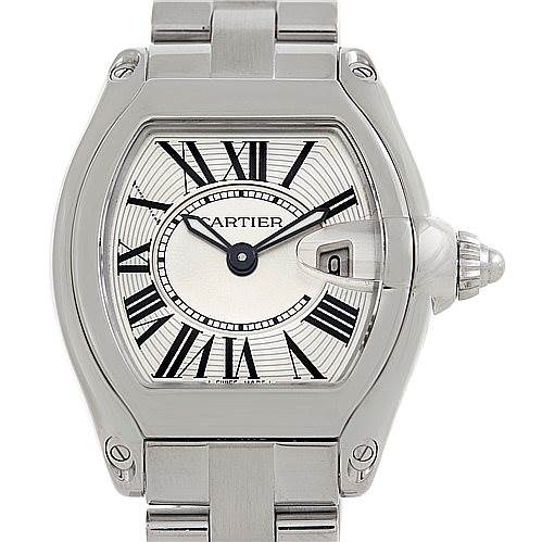 The Cartier Roadster W62016V3 Women's Stainless Steel Silver Dial W62016V3 Women's Stainless Steel Silver Dial watch is shown from the front, displaying its dial, crown, and stainless steel bracelet.