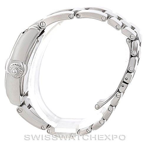 This image shows a Cartier Roadster W62016V3 Women's Stainless Steel Silver Dial W62016V3 Women's Stainless Steel Silver Dial watch from a side angle, highlighting the bracelet and crown.