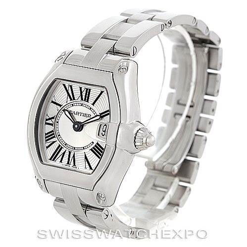 The image shows a side angle of the Cartier Roadster W62016V3 Women's Stainless Steel Silver Dial W62016V3 Women's Stainless Steel Silver Dial watch, highlighting the face, case, crown, and bracelet.