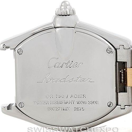 This image shows the back case of a Cartier Roadster W62026Y4 Women's Steel and Gold (two tone) Silver Dial W62026Y4 Women's Steel and Gold (two tone) Silver Dial watch, including the crown and engraved details about water resistance and material.