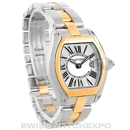 The image shows a Cartier Roadster W62026Y4 Women's Steel and Gold (two tone) Silver Dial W62026Y4 Women's Steel and Gold (two tone) Silver Dial watch at an oblique angle, highlighting its two-tone metal bracelet and white Roman numeral dial.