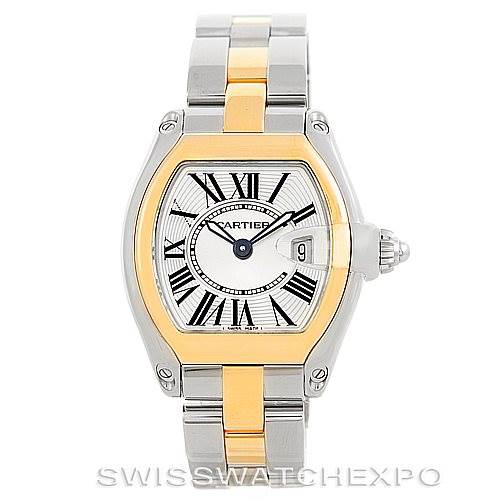 The image shows a frontal view of the Cartier Roadster W62026Y4 Women's Steel and Gold (two tone) Silver Dial W62026Y4 Women's Steel and Gold (two tone) Silver Dial watch, displaying its dial, case, and bracelet.