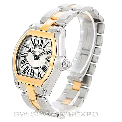 This image shows a Cartier Roadster W62026Y4 Women's Steel and Gold (two tone) Silver Dial W62026Y4 Women's Steel and Gold (two tone) Silver Dial watch from a three-quarter angle, highlighting the dial, bracelet, and crown.