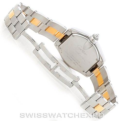The image shows the back view of a Cartier Roadster W62026Y4 Women's Steel and Gold (two tone) Silver Dial W62026Y4 Women's Steel and Gold (two tone) Silver Dial watch, focusing on the case back and metal bracelet with deployment clasp.