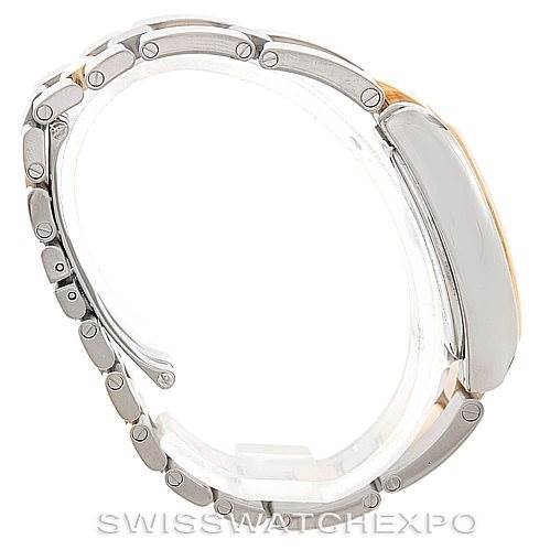 The image shows a side view of the Cartier Roadster W62026Y4 Women's Steel and Gold (two tone) Silver Dial W62026Y4 Women's Steel and Gold (two tone) Silver Dial watch, highlighting its stainless steel bracelet and clasp.