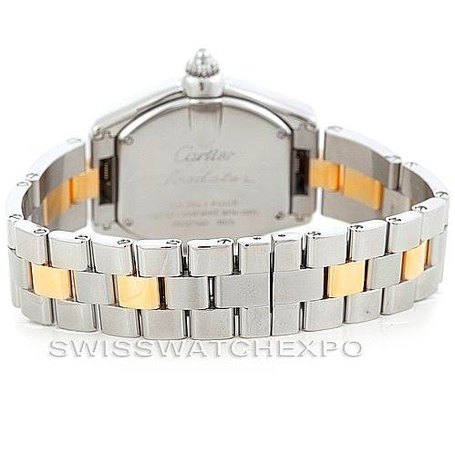 This image shows the back view and bracelet of a Cartier Roadster W62026Y4 Women's Steel and Gold (two tone) Silver Dial W62026Y4 Women's Steel and Gold (two tone) Silver Dial watch, displaying the clasp and links.