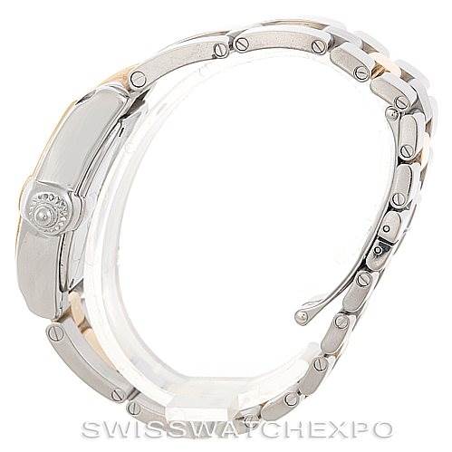 The image shows a Cartier Roadster W62026Y4 Women's Steel and Gold (two tone) Silver Dial W62026Y4 Women's Steel and Gold (two tone) Silver Dial watch from a side angle, highlighting the crown, case, and bracelet.