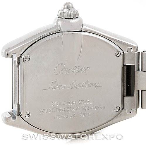 The image shows the back case and part of the bracelet of a Cartier Roadster W62017V3 Women's Stainless Steel Pink Dial W62017V3 Women's Stainless Steel Pink Dial watch.