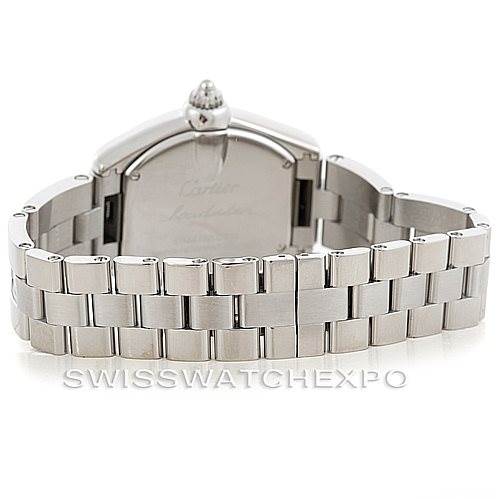 This image shows the back view of a Cartier Roadster W62017V3 Women's Stainless Steel Pink Dial W62017V3 Women's Stainless Steel Pink Dial watch, focusing on the case back and metal bracelet.