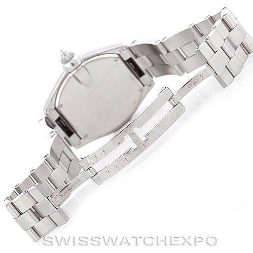 The image shows the back and clasp of a Cartier Roadster W62017V3 Women's Stainless Steel Pink Dial W62017V3 Women's Stainless Steel Pink Dial watch, highlighting the stainless steel bracelet and case back.
