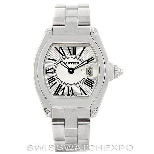 The image shows a frontal view of the Cartier Roadster W62016V3 Women's Stainless Steel Silver Dial W62016V3 Women's Stainless Steel Silver Dial model watch, highlighting its dial, bracelet, and unique crown.
