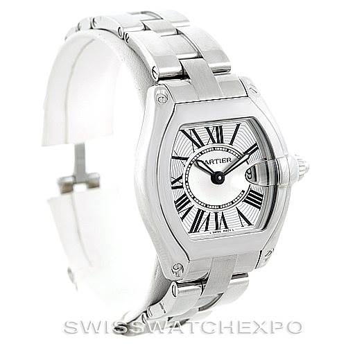 This image shows a Cartier Roadster W62016V3 Women's Stainless Steel Silver Dial W62016V3 Women's Stainless Steel Silver Dial watch from an angled side view, highlighting its metal bracelet, case, and dial.