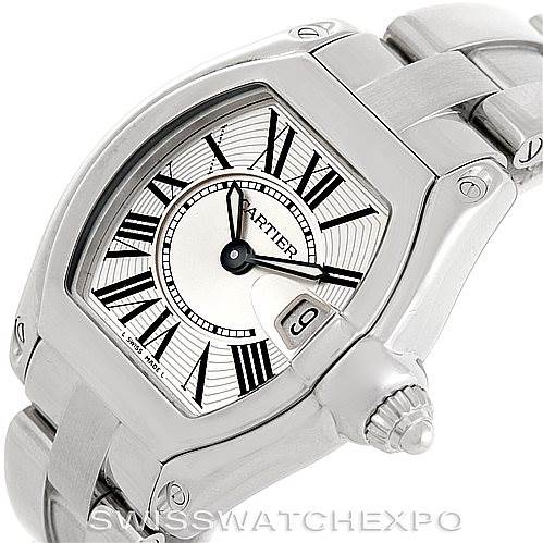 The image shows a Cartier Roadster W62016V3 Women's Stainless Steel Silver Dial W62016V3 Women's Stainless Steel Silver Dial watch at an angled close-up, highlighting the dial, crown, and part of the bracelet.