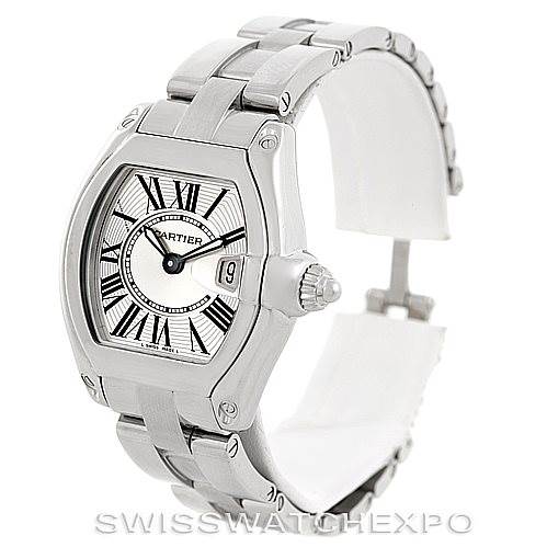 The image shows a Cartier Roadster W62016V3 Women's Stainless Steel Silver Dial W62016V3 Women's Stainless Steel Silver Dial watch from a front angle, highlighting its face, bracelet, and partially visible crown.