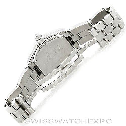 This image shows the back and clasp of the Cartier Roadster W62016V3 Women's Stainless Steel Silver Dial W62016V3 Women's Stainless Steel Silver Dial watch, along with its stainless steel bracelet links.