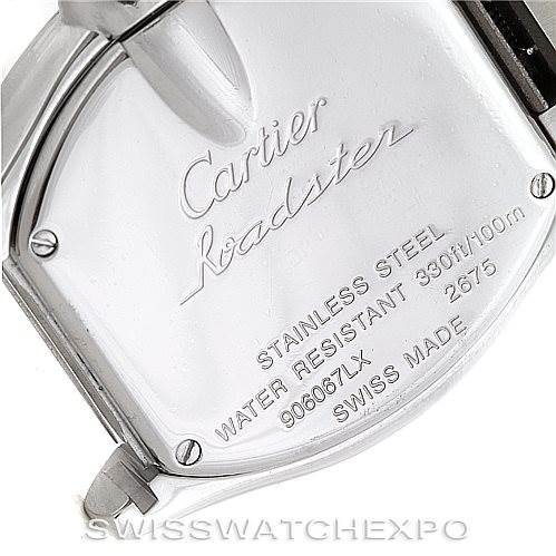This image shows the back casing of a Cartier Roadster W62016V3 Women's Stainless Steel Silver Dial W62016V3 Women's Stainless Steel Silver Dial watch, highlighting the brand, model name, and specifications.