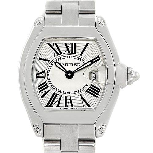 The image shows a full frontal close-up of a Cartier Roadster W62016V3 Women's Stainless Steel Silver Dial W62016V3 Women's Stainless Steel Silver Dial watch, highlighting its dial, bezel, and part of the bracelet.