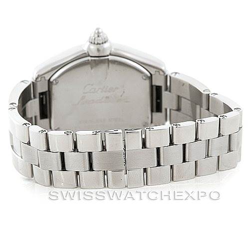 The image shows the back view of a Cartier Roadster W62016V3 Women's Stainless Steel Silver Dial W62016V3 Women's Stainless Steel Silver Dial watch, focusing on the case back and linked bracelet.