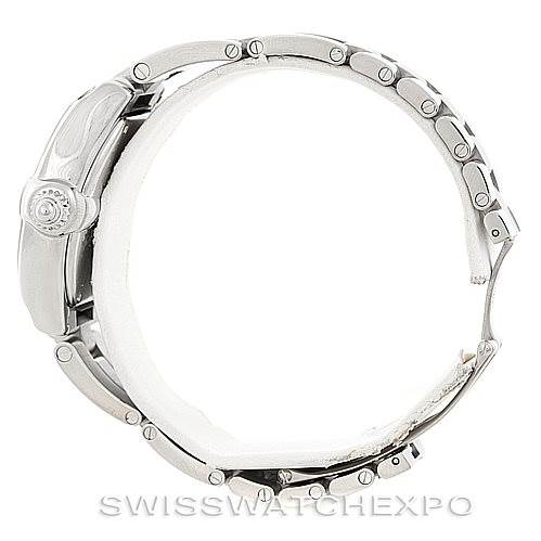 The image shows a side angle of a Cartier Roadster W62016V3 Women's Stainless Steel Silver Dial W62016V3 Women's Stainless Steel Silver Dial watch, highlighting the case, crown, and metal bracelet.