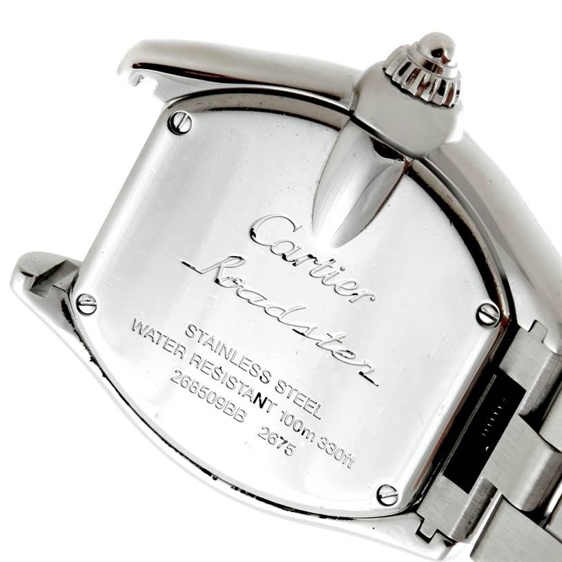 This image shows the back case and crown of the Cartier Roadster W62016V3 Women's Stainless Steel Silver Dial W62016V3 Women's Stainless Steel Silver Dial watch, highlighting the engravings and stainless steel finish.