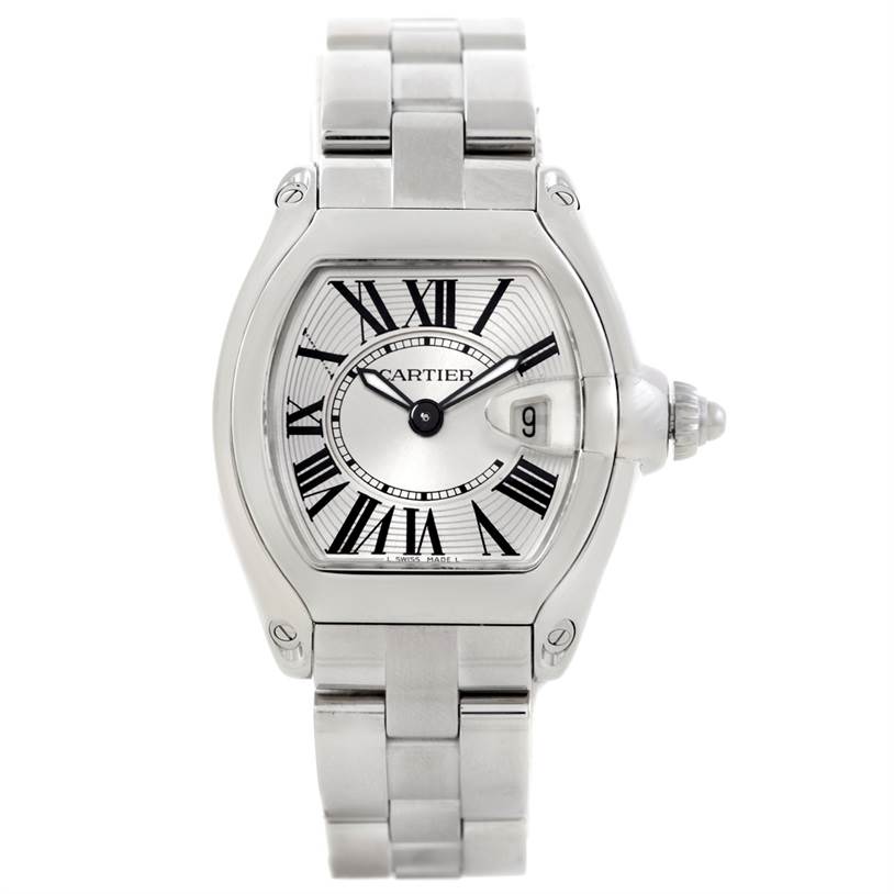 This image shows a frontal view of the Cartier Roadster W62016V3 Women's Stainless Steel Silver Dial W62016V3 Women's Stainless Steel Silver Dial watch, displaying the dial, case, and bracelet clearly.