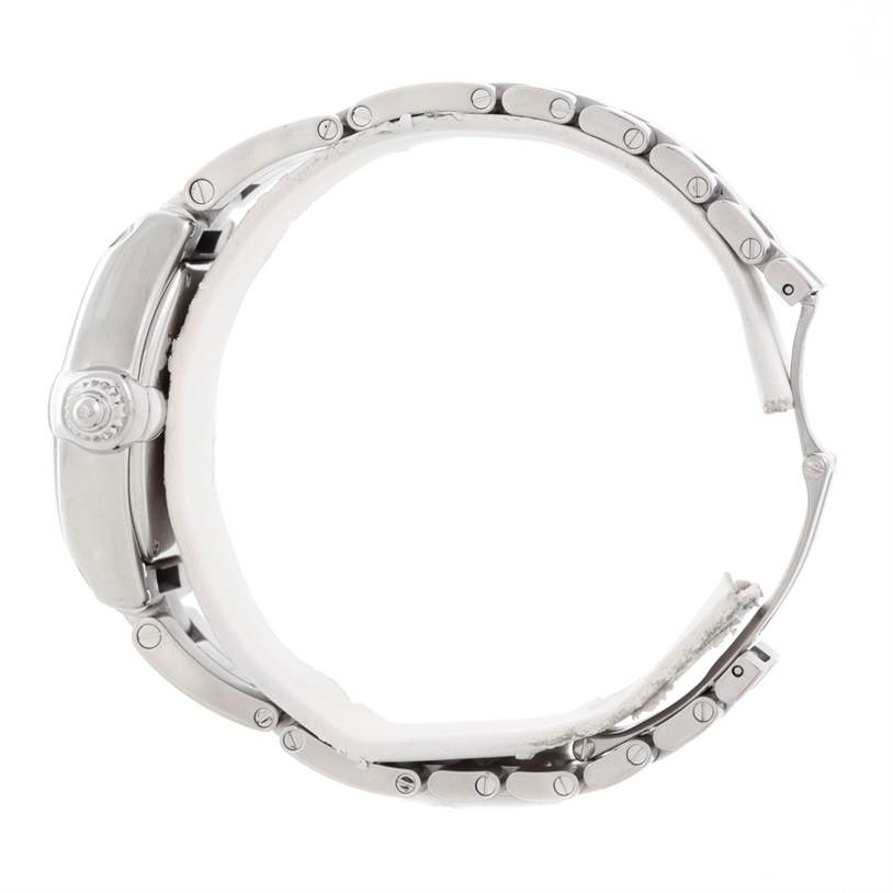 The Cartier Roadster W62016V3 Women's Stainless Steel Silver Dial W62016V3 Women's Stainless Steel Silver Dial watch is shown from a side view, displaying its case and stainless steel bracelet.