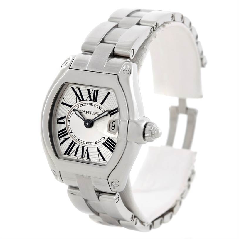 The image shows a front-side angle of the Cartier Roadster W62016V3 Women's Stainless Steel Silver Dial W62016V3 Women's Stainless Steel Silver Dial watch, featuring its face, bezel, and part of the metal bracelet band.