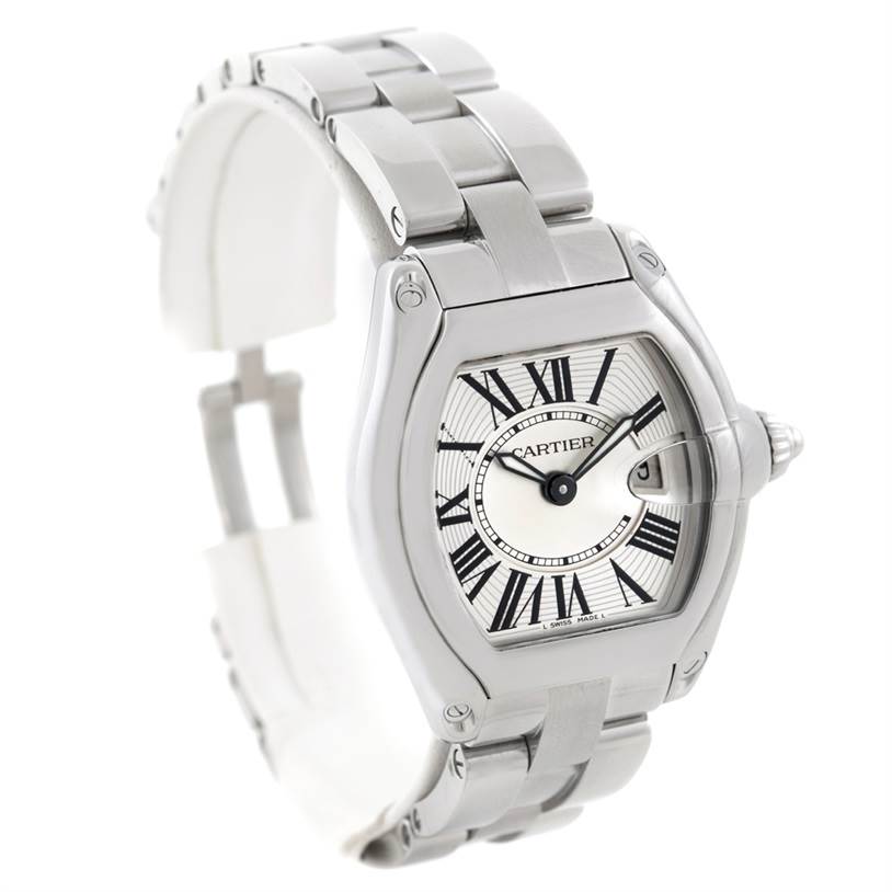 The Cartier Roadster W62016V3 Women's Stainless Steel Silver Dial W62016V3 Women's Stainless Steel Silver Dial watch is shown at a three-quarter angle, featuring the face, Roman numeral dial, and stainless steel bracelet.