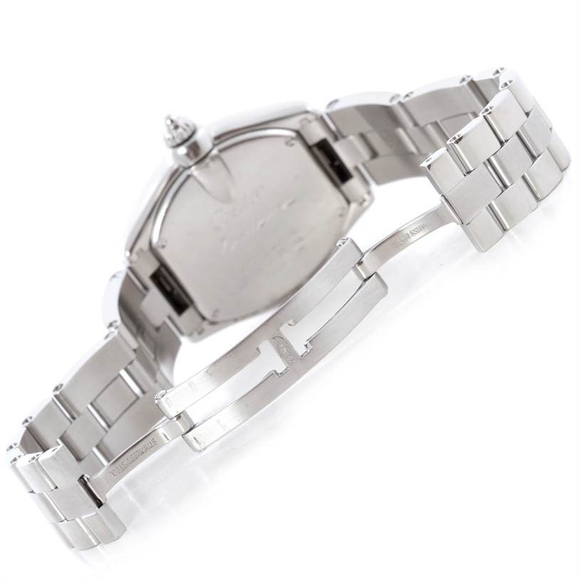 The image shows the back case and partially open steel bracelet of the Cartier Roadster W62016V3 Women's Stainless Steel Silver Dial W62016V3 Women's Stainless Steel Silver Dial watch.