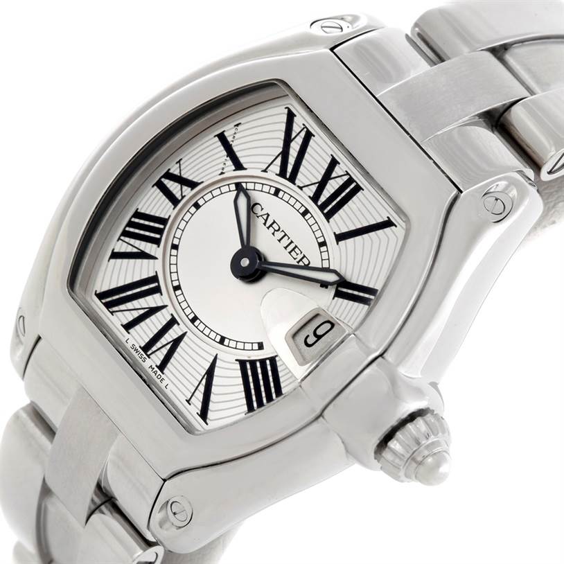 The Cartier Roadster W62016V3 Women's Stainless Steel Silver Dial W62016V3 Women's Stainless Steel Silver Dial watch is shown at an angle displaying the face, bezel, crown, and part of the bracelet.